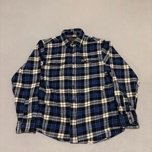 Orvis Mens Blue Plaid Flannel Button Down Shirt Jacket Shacket Size Medium